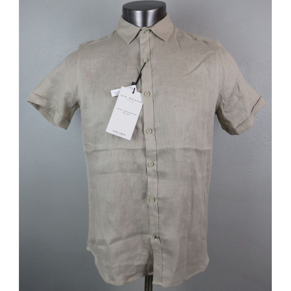 Mens Ike Behar Linen Shirt Luxe Travel Short Sleeve Button Front Size S Brown